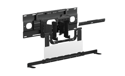 Angled view of soundbar bracket showing components that allow wall-mounting of TV and soundbar as one