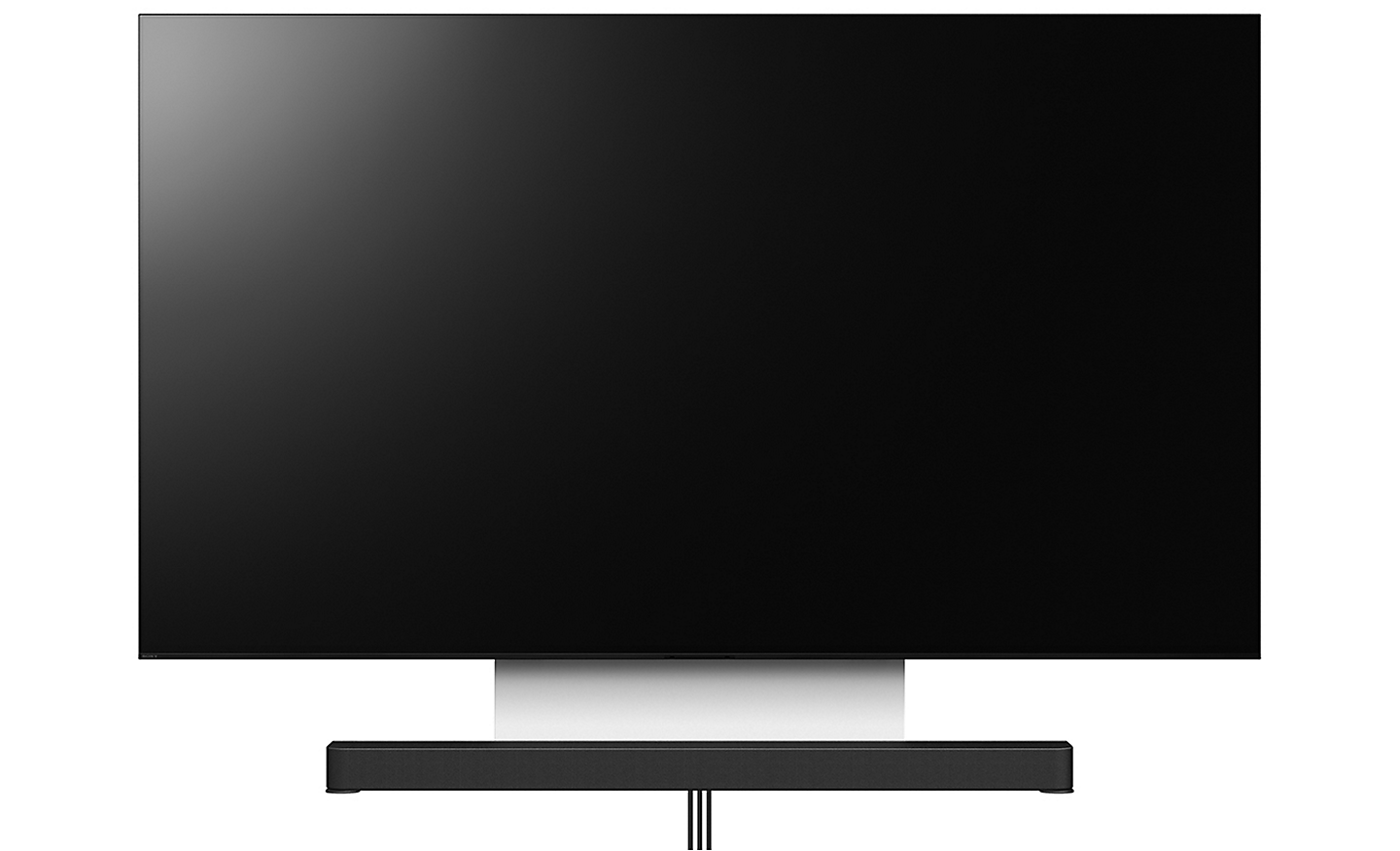 מבט קדמי על טלוויזיה ומקרן קול המחוברים באמצעות תושבת למתקן תלייה, כשהכבלים מוסתרים