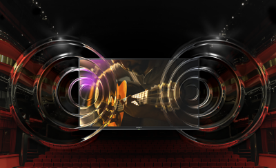 TV BRAVIA trong bối cảnh rạp chiếu phim với công nghệ Clear Phase đang tạo ra các sóng âm chồng lên nhau.