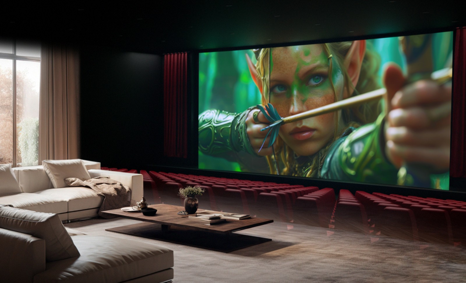 Sony BRAVIA 2 II v obývacím pokoji během sledování filmu, obraz vyplňuje tmavou místnost jako v kině