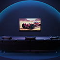 Representasi visual BRAVIA TV di ruang tamu dengan suara Dolby Atmos® dan DTS®.
