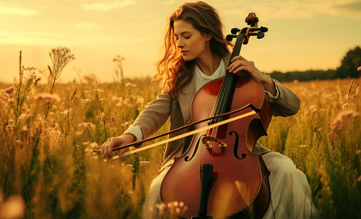 Scène montrant une personne jouant du violoncelle dans un paysage champêtre.