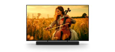 Perfectly integrates TV and soundbar, almost no stand visible