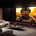 Home theatre displaying a futuristic soldier in a battlefield.
