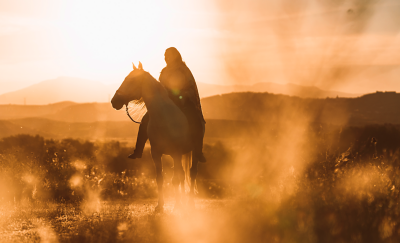 Scene of a silhouetted rider on horseback against a dramatic sunset.