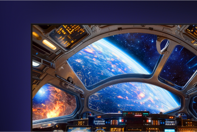 Television screen displaying a vibrant spaceship cockpit scene in space.