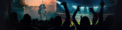 Imagen dividida en la que la imagen izquierda muestra a personas en un cine a oscuras y la imagen derecha muestra fanáticos de un deporte en un estadio alentando con confeti.