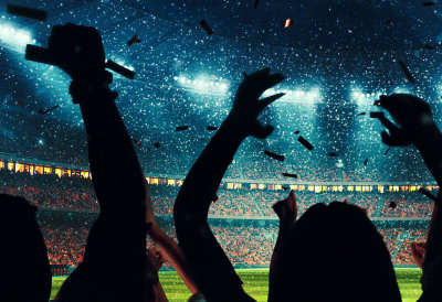 Imagen dividida en la que la imagen izquierda muestra a personas en un cine a oscuras y la imagen derecha muestra fanáticos de un deporte en un estadio alentando con confeti.