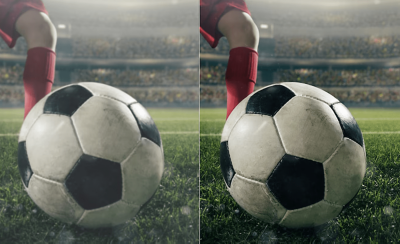 Dos imágenes en las que se compara la calidad de imagen de una pelota delante del pie de un jugador.