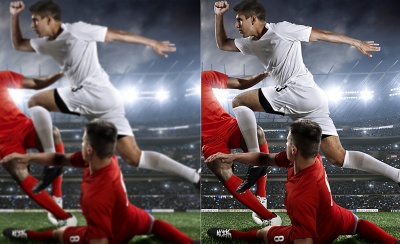 Dos imágenes en las que se compara la calidad de imagen de un jugador saltando para evitar una entrada.