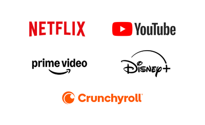 Logotipi usluga Netflix, YouTube, Prime Video, Disney+ i Crunchyroll