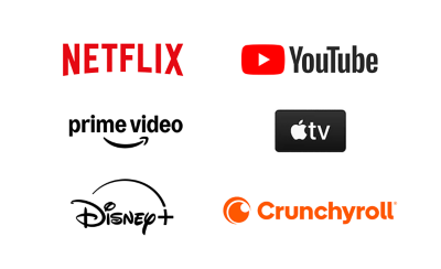 Logos de Netflix, YouTube, Prime Video, Apple TV, Disney+ et Crunchyroll