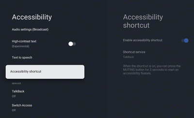 Écran des réglages d'accessibilité affichant l'option permettant d'activer le raccourci d'accessibilité.