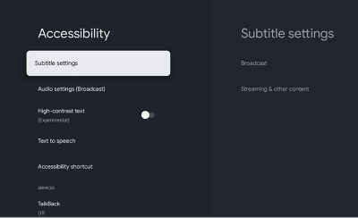 Écran des réglages d'accessibilité affichant l'option « Réglages des sous-titres » (Subtitle settings) ainsi que d'autres réglages.