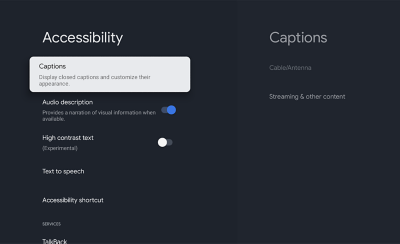 Pantalla de configuración de accesibilidad que muestra la opción “Subtítulos” para activar los subtítulos y personalizar su apariencia, junto con otros ajustes adicionales.