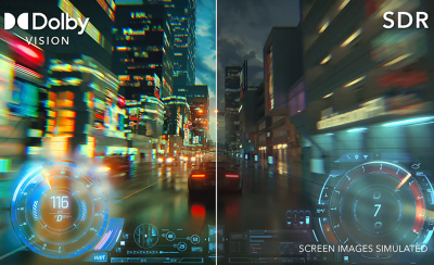 Écran partagé d'un jeu de course avec Dolby Vision à gauche et SDR à droite.