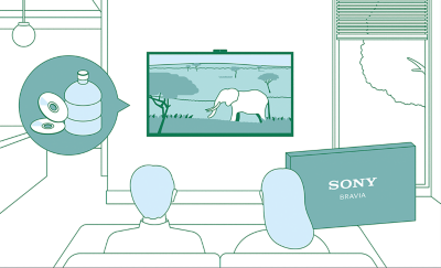 Illustration des caractéristiques du téléviseur BRAVIA pour l'environnement, soulignant l'utilisation réduite de plastique et l'optimisation de la consommation d'énergie.
