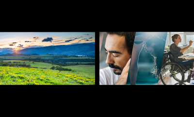 Un paysage et un collage de différentes personnes symbolisant l'engagement de BRAVIA envers le développement durable et l'accessibilité pour tous.