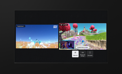 Capture d'écran montrant la fonctionnalité affichage multiple, avec le jeu vidéo Astro Bot à gauche et YouTube à droite.