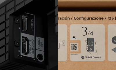 Collage d'une vue en gros plan des ports HDMI eARC du téléviseur BRAVIA, dotés de points tactiles pour l'accessibilité et d'un QR Code vers l'application BRAVIA Connect.