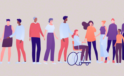 Illustration représentant la diversité et l'inclusion sur laquelle apparaît un groupe de personnes de différents milieux dont certaines sont porteuses de handicap.