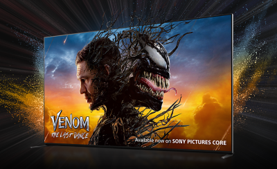 Angled view of BRAVIA TV displaying "Venom: The Last Dance" with a vibrant starburst background and text reading "Available now on SONY PICTURES CORE."