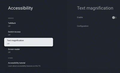 Capture d'écran de Talkback et de la fonction d'agrandissement de texte sur un téléviseur BRAVIA.