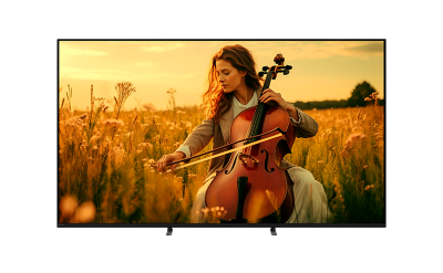 Front view of BRAVIA 5 TV displaying a musician playing a cello in a golden field.