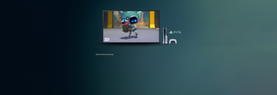 TV displaying Astro Bot video game scene, with PS5 console and controller beside it. A note stating 'Vertical stand sold separately' is shown.