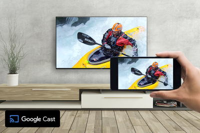 BRAVIA TV casting a kayaking scene from a smartphone using Google Cast.