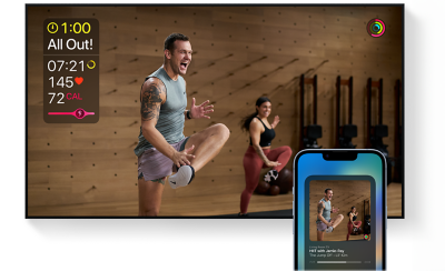 A BRAVIA TV with a smartphone in the foreground, both devices showing the same fitness workout.