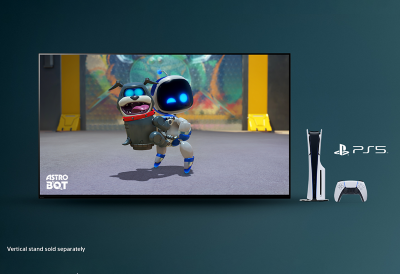 TV displaying Astro Bot video game scene, with PS5 console and controller beside it. A note stating 'Vertical stand sold separately' is shown.