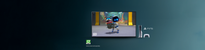 TV displaying Astro Bot video game scene, with PS5 console and controller beside it. A note stating 'Vertical stand sold separately' is shown, with the logo of GSRR general public rating.