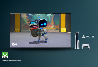 TV displaying Astro Bot video game scene, with PS5 console and controller beside it. A note stating 'Vertical stand sold separately' is shown, with the logo of GSRR general public rating.