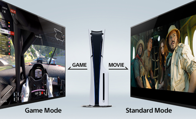 Dos TV BRAVIA con una PS5™ en el medio. A la izquierda se ve con el modo de juego. A la derecha se ve sin el modo de juego.