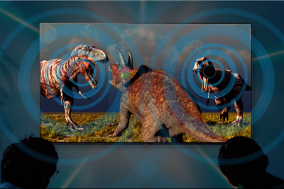 Tri dinosaurusa na televizoru sa zvučnim talasima koji dolaze sa ekrana na mestu gde dva dinosaurusa riču