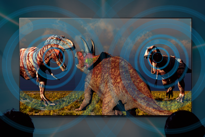 Tri dinosaurusa na televizoru sa zvučnim talasima koji dolaze sa ekrana na mestu gde dva dinosaurusa riču