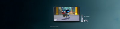 TV displaying Astro Bot video game scene, with PS5 console and controller beside it. A note stating 'Vertical stand sold separately' is shown.