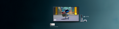 Un televisor que muestra una escena del videojuego Astro Bot, con una consola PS5 y un controlador al lado. Se muestra una nota en la que se dice “El soporte vertical se vende por separado”, con el logotipo de clasificación +10 de la ESRB.