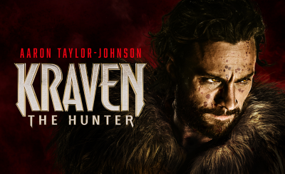 Image for the movie Kraven the Hunter featuring Aaron Taylor-Johnson, with a bold red and black background.