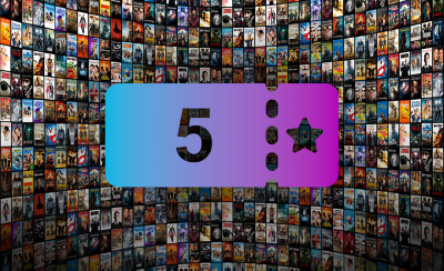 A movie ticket icon with the number "5" and a star overlayed against a background of hundreds of blockbuster and classic movie covers.