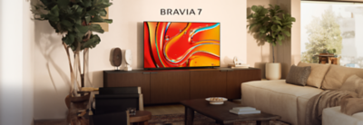 BRAVIA 7 TV displaying vibrant abstract visuals in a modern living room.