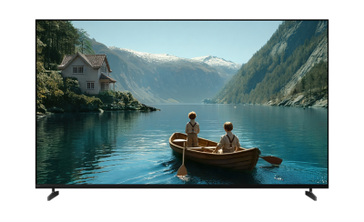 Vorderansicht des BRAVIA 3 II, auf dem zu sehen ist, wie zwei Kinder auf einem See rudern – in lebendigen 4K Details