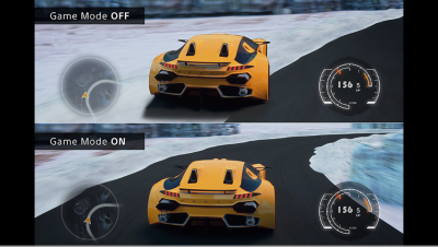 Geteiltes Bild mit zwei Fahrszenen: ein Auto, das mit ausgeschaltetem Spielmodus vom Kurs abkommt, und ein Auto auf der Strecke mit eingeschaltetem Spielmodus