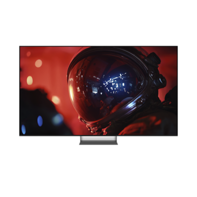 架在灰色底座上的 BRAVIA 顯示屏，螢幕上顯示著太空人的特寫