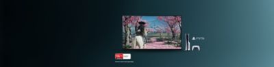 Ghost of Yotei game still with PS5 console and controller, text saying vertical stand sold separately, and age label MA 15+