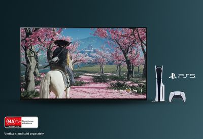 Ghost of Yotei game still with PS5 console and controller, text saying vertical stand sold separately, and age label MA 15+