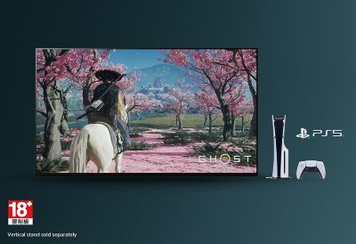 遊戲《羊蹄山戰鬼》靜態影像，有 PS5 主機和控制器，文字「直立式支架另售」，標有18+ 的年齡限制