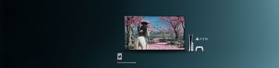 《羊蹄山戰鬼》遊戲靜止畫面和 PS5 主機與控制器，文字顯示直立支架需另行購買，並附有 ESRB 年齡標籤 Mature 17+