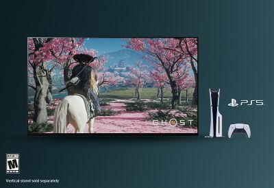 《羊蹄山戰鬼》遊戲靜止畫面和 PS5 主機與控制器，文字顯示直立支架需另行購買，並附有 ESRB 年齡標籤 Mature 17+